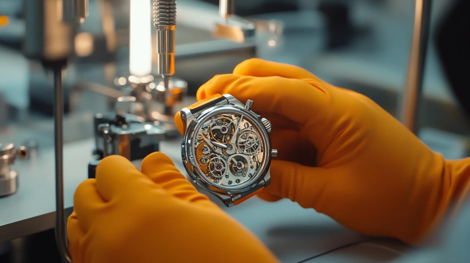 Mani con guanti che reggono un orologio a cassa aperta per il controllo del meccanismo